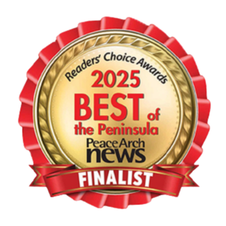 Award Badge showing John Sadler Plumbing & Heating was voted a Finalist in the Peace Arch News' 